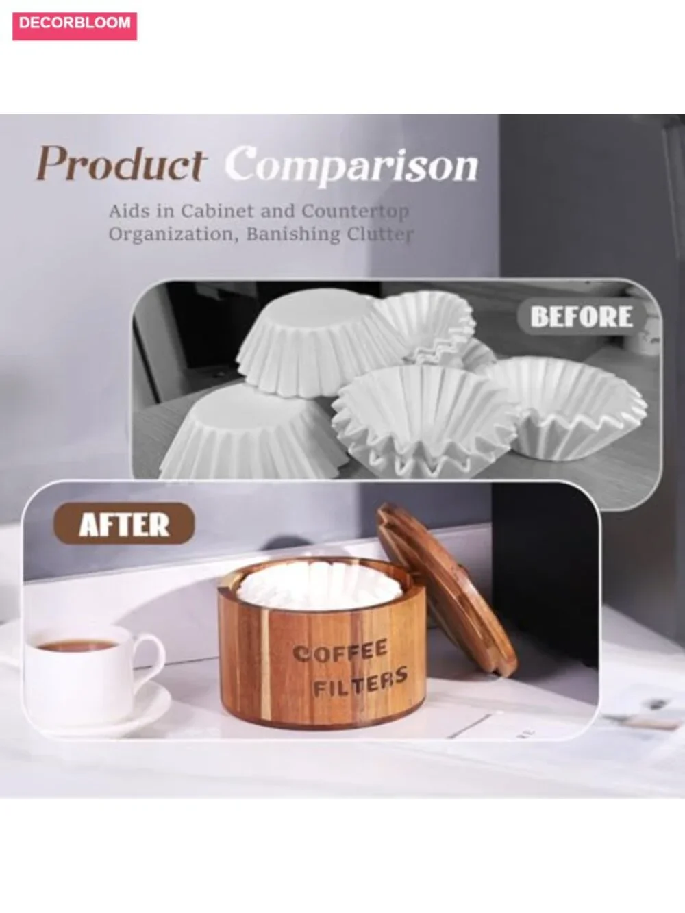 Acacia Wood Coffee Filter Holder with Lid - Rustic Kitchen Counter Organizer &